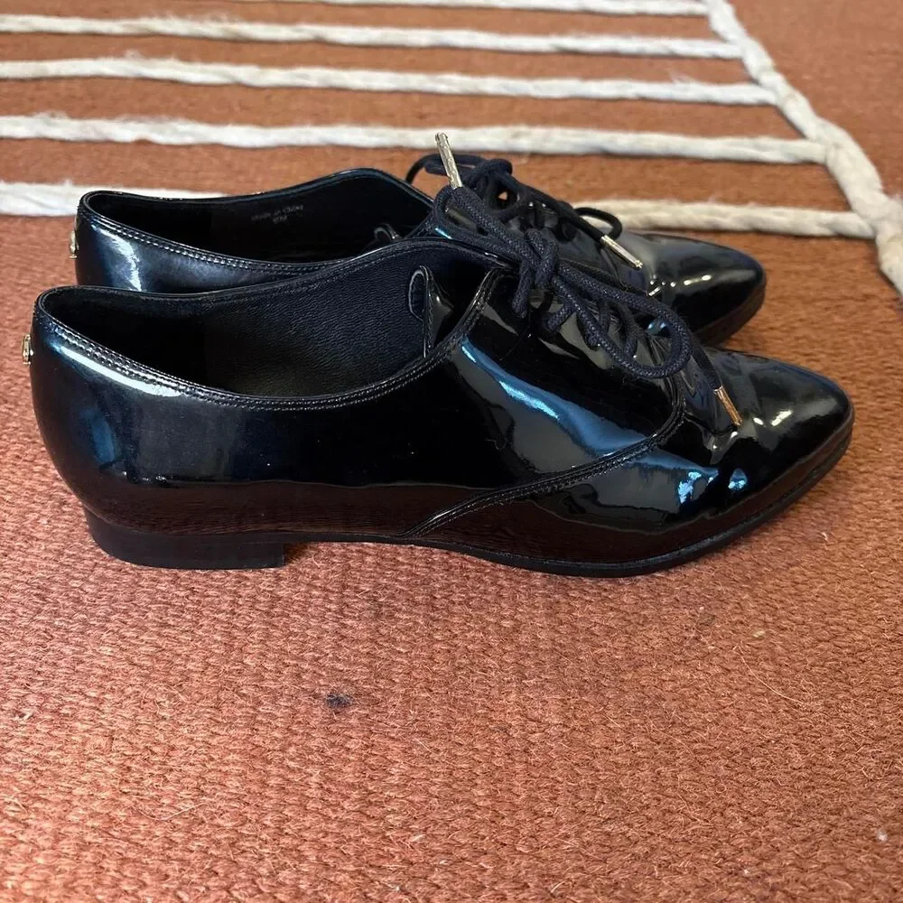 Kate Spade Black Patent Leather Oxfords Size 6M Glossy Dress Shoes Tuxedo Flat